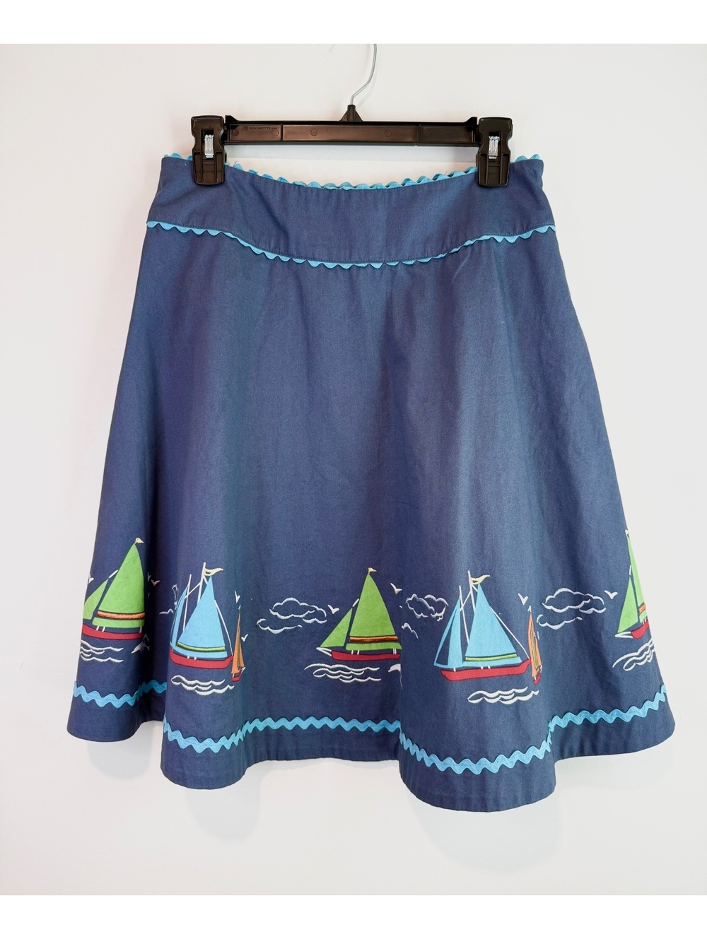 Vintage Liz Claiborne Petite Navy Blue Cotton Swing Skirt with Sailboats, Size 8